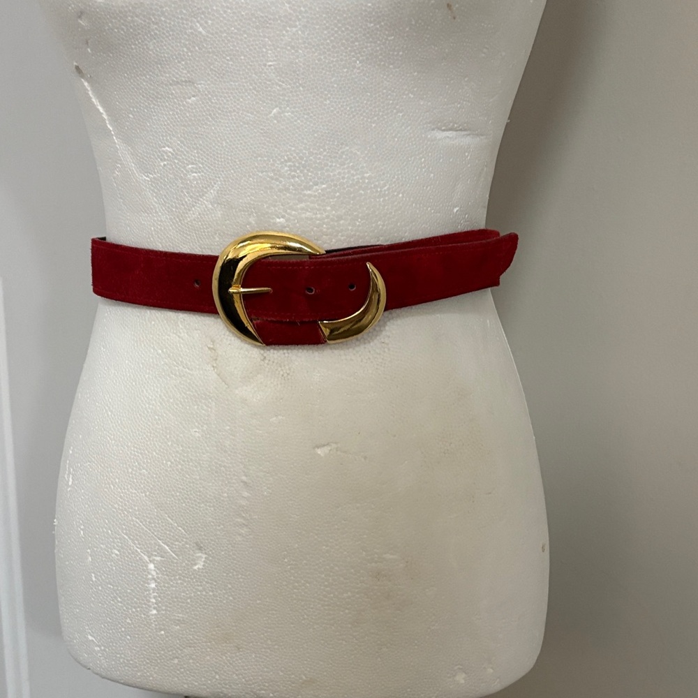 Red Suede Belt with Gold Double Ring Buckle
